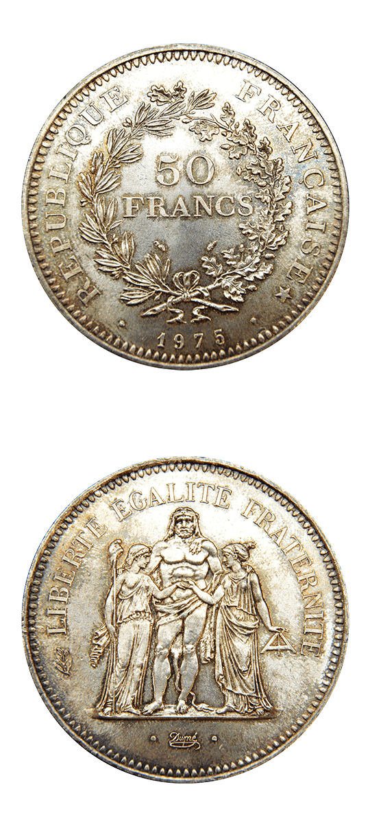 50 Französischen Francs Silbermünze - 90% Silber, 30,1 Gramm