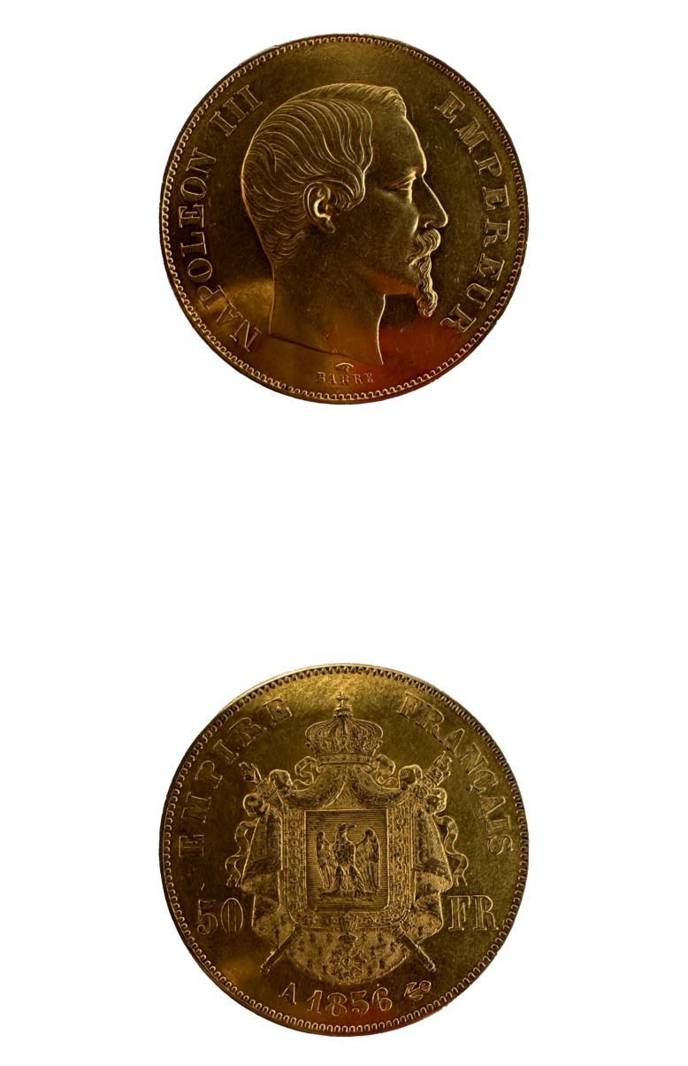 Золотая монета Наполеон номиналом 50 франков.